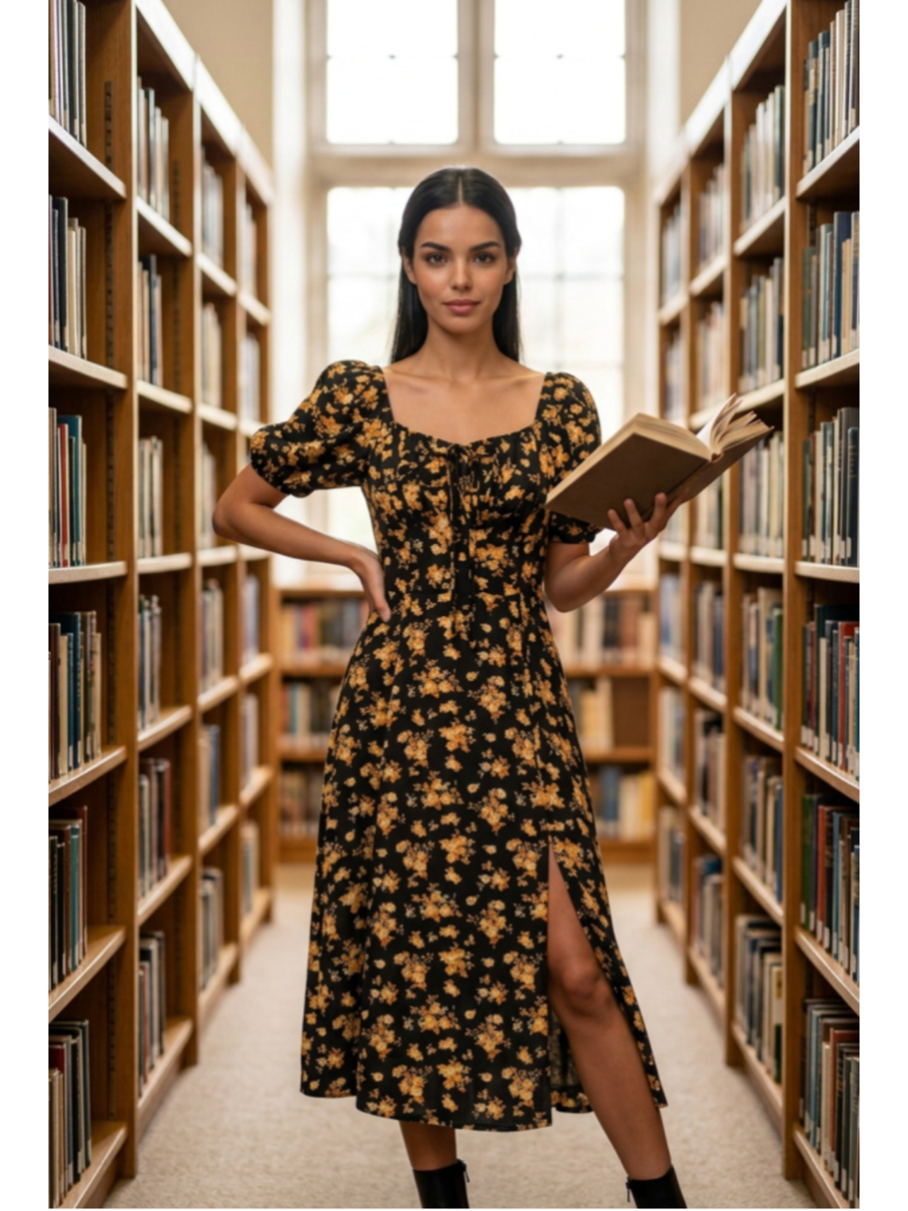 Floral Puff Sleeve Milkmaid Midi Dress with Side Slit Size L Grunge Fairy Retro
